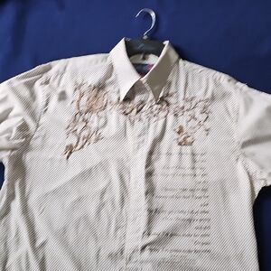 Men's Cream Short-Sleeve Button-Up Shirt with Brown Embroidery